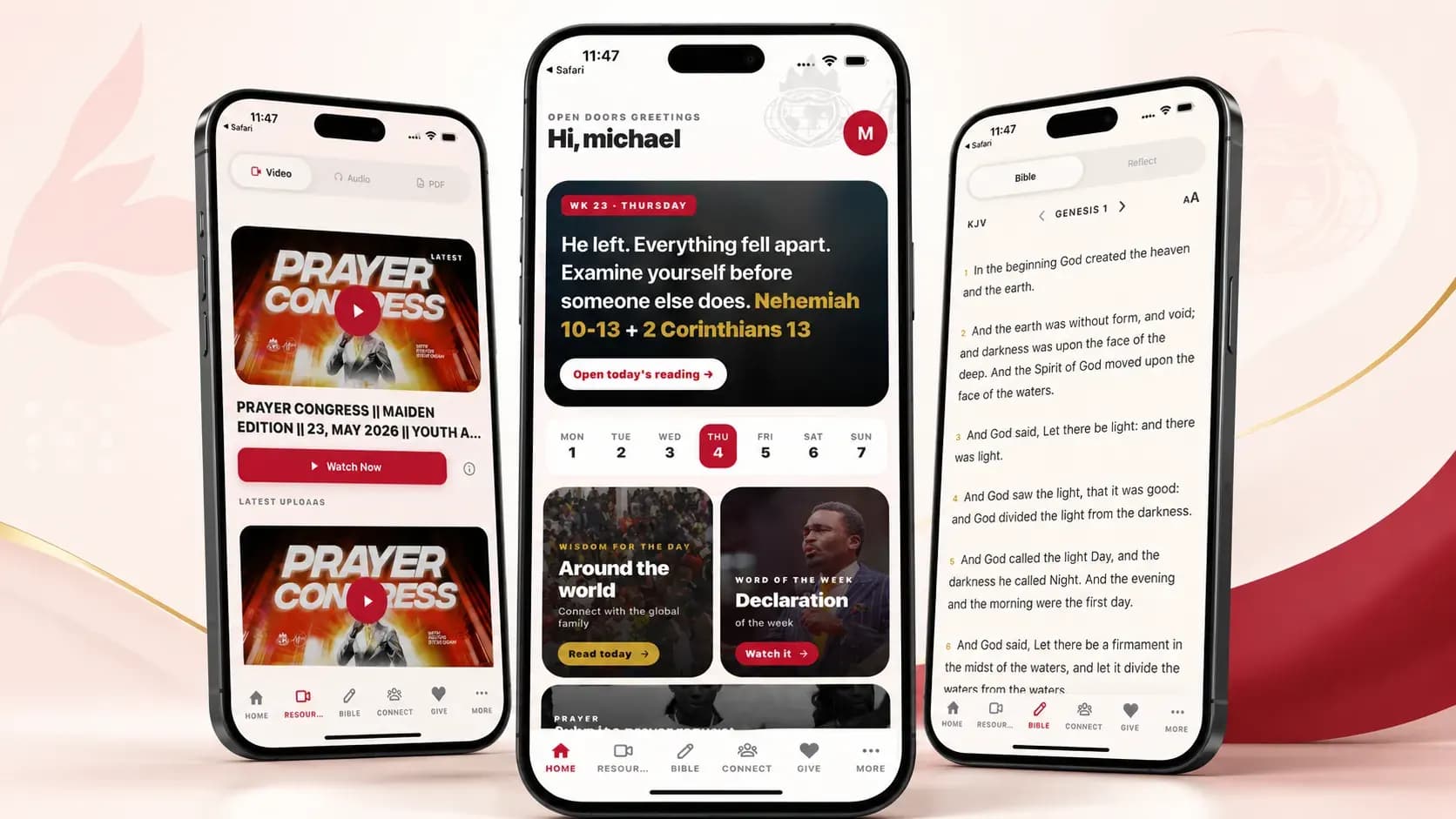 Youth Alive Global app shown on three phones — Resources, Home and Bible screens